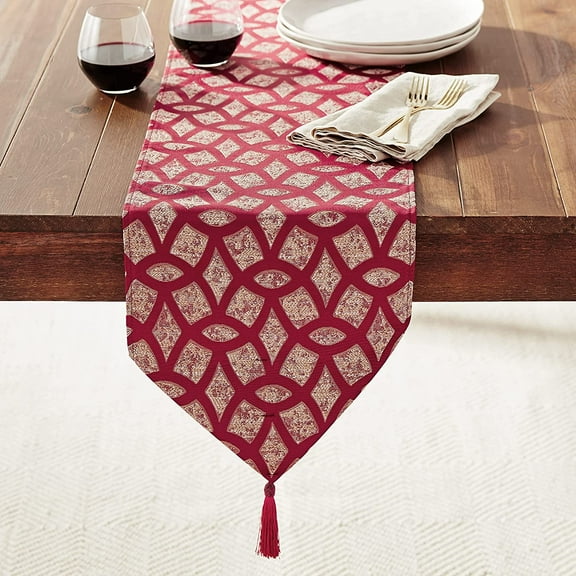 Violet Linen Victoria Chenille Abstract Pattern, Polyester Chenille Jacquard, with Tassels, Burgundy, 13 Inch x 70 Inch, Decorative Table Runner