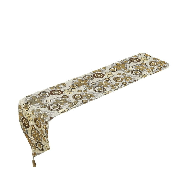 Violet Linen Victoria Chenille Daisy Sunflower Pattern, Polyester Jacquard Chenille Woven Textured, with Tassels, Gold , 13 Inch x 70 Inch, Rectangular, Decorative Table Runner