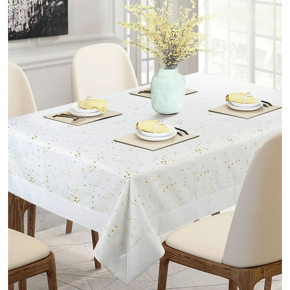 Violet Linen Vintage Abstract Gold Foil Spots, Polyester, Elegance Heavyweight Silver Shine Threat Engineered Luxurious Damask Upscale Jacquard Fabric, White , 52" by 70", Rectangle Tablecloths