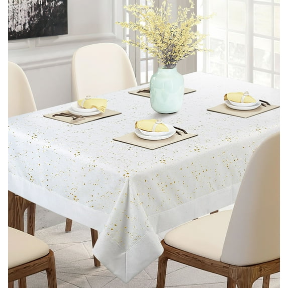 Violet Linen Vintage Abstract Gold Foil Spots, Polyester, Elegance Heavyweight Silver Shine Threat Engineered Luxurious Damask Upscale Jacquard Fabric, White , 60" by 84",  Rectangle Tablecloths
