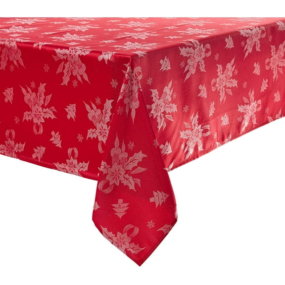 Violet Linen Vintage Sparkling Christmas Holly Bows Damask Pattern, Polyester Jacquard, with Metallic Plain Weave Woven, Red, 60 Inch by 84 Inch, Seats 6 to 8 people, Rectangular Tablecloths