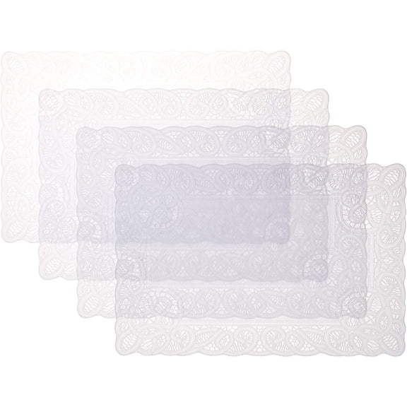 Violet Linen Vinyl Lace Battenberg embossed Floral Pattern, Vinyl, White, 12 Inch by 18 Inch, Rectangle, Set of 4, Decorative Place Mats