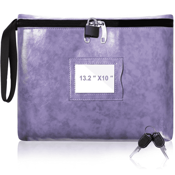 Violet Locking Document Bag, 13.2 x 10 in PU Waterproof File Pouch with Secure Zipper, Two Keys and Handle, for Important Documents, Cash, Passports, Bank Deposit