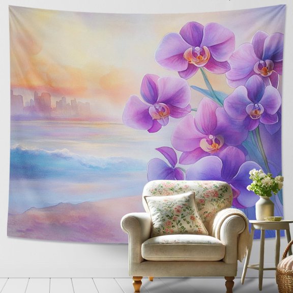 Violet Orchid Tapestry, Floral Landscape Decorative Wall Hanging, Aesthetic Tapestries for Spring, Living Room, Bedroom, Home Decor 60x40 Inch