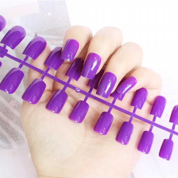 Violet Press on Nails Short Square Artificial Fake Nails Medium Squoval Purple Artificial Nails Press on Reusable Glossy Gel Press on Nails Full Cover False Nails for Women Girls Manicure