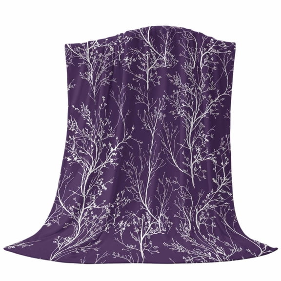Violet Purple Fleece Throw Blanket White Tree Branch Botanical Abstract Plant Leaves Ultra Soft Fuzzy Cozy Flannel Throw Blanket for Couch Sofa Bed Car Travel, Ideal Gifts 30x40 Inches