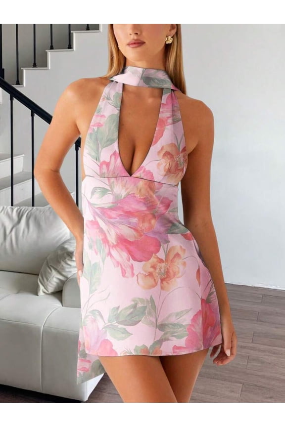 Violet Purple Halter Mini Dress With Scarf Tie Deep V Neck Sleeveless Bodycon A-Line Summer Evening Dress