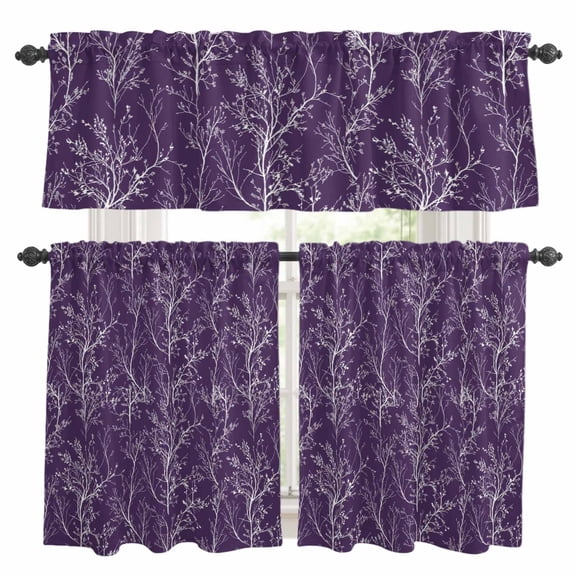 Violet Purple Kitchen Curtains Set for Windows, White Tree Branch Botanical Abstract Plant Leaves Curtains Valance and Tier 3 Piece Set Small Drapes 24 Inch Length for Kitchen Bedroom Decor