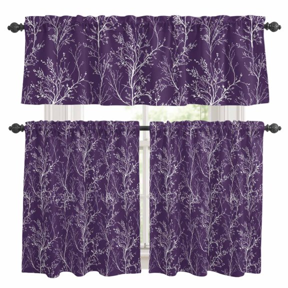 Violet Purple Kitchen Curtains Valances and Tiers Set of 3 White Tree Branch Botanical Abstract Plant Leaves Tier Curtains and Valance with Rod Pocket for Small Windows, 27.5"x24"