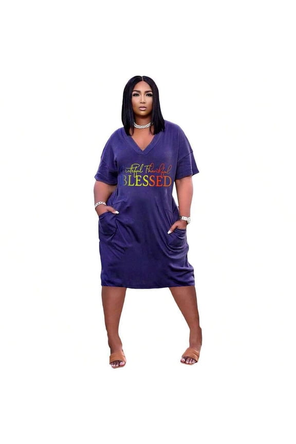 Violet Purple Plus Size V-Neck Loose Fit Casual Dress With Rainbow Grateful Thankful Blessed Print And Pockets