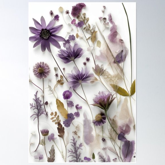 Violet Purple Pressed Blossoms Flora Aesthetical Collage Poster Wall Art, Modern Wall Decor For Living Room Bedroom, 12x18 UNFRAMED
