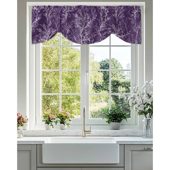Violet Purple Tie Up Valances Curtain, Adjustable Kitchen White Tree Branch Botanical Abstract Plant Leaves Valances for Windows Decor, Rod Pocket Short Curtains Set for Bedroom/Bathroom, 54"x18"