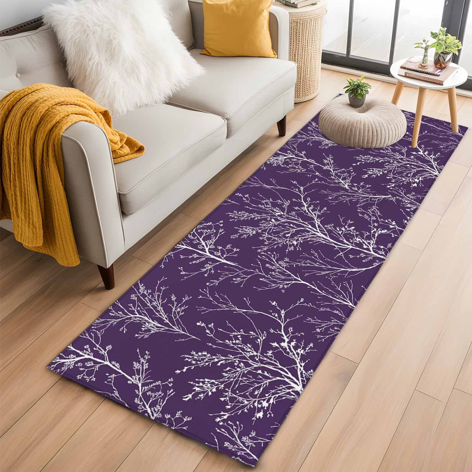 Violet Purple Washable Area Rug 2 x 6 ft White Tree Branch Botanical ...