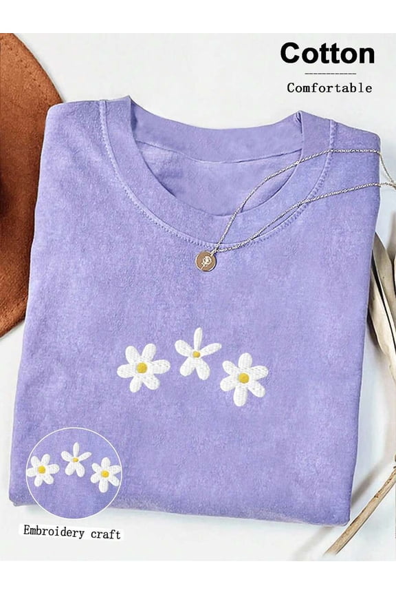 Violet Purple Womens Embroidered Daisy Floral Cotton T-Shirt, Round Neck Casual Spring Summer Top