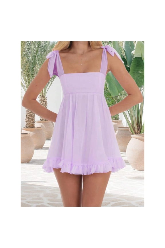 Violet Purple Y2K Mini Dress With Tie Shoulder Straps A-Line Sleeveless Ruffle Hem Summer Casual Party Dress