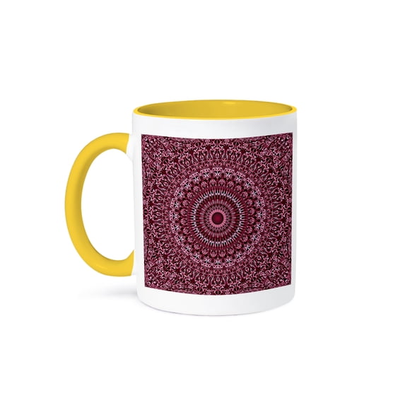 3drose, Violet Red Floral Mandala - Abstract Bohemian Design, 11oz Two-tone Yellow Mug