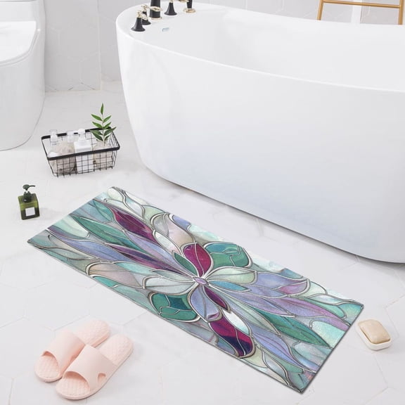 Violet Red Floral Stained Glass Bath Mat 39x20 Non-Slip Bathroom Rugs Absorbent Soft Plush Quick Dry for Tub Shower Kitchen Home Decor