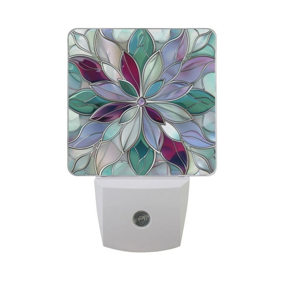 Violet Red Floral Stained Glass Night Light 2 Pack LED Nightlight Plug into Wall Dusk to Dawn Sensor Soft White