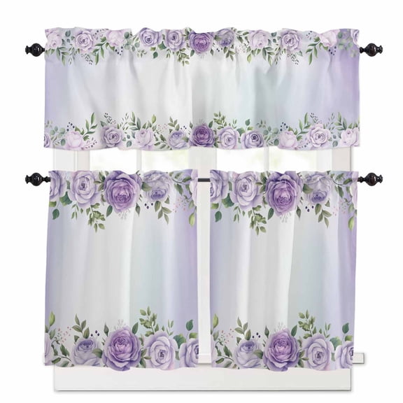 Violet Roses Kitchen Curtains Valance and Tier Set Abstract Plants Flowers Leaves Violet White Ombre Short Curtains for Small Window 3 Pieces Set for Bedroom Bathroom Cafe (54" x 18"+27" x 24")