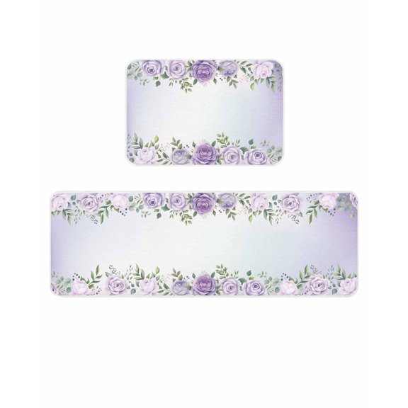 Violet Roses Kitchen Mats for Floor 2 Piece, Abstract Plants Flowers Leaves Violet White Ombre Absorbent Non-Slip Kitchen Rugs Comfort Standing Mat for Laundry, Hallways 20"x24"+20"x48"