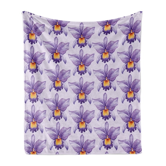 Violet Soft Flannel Fleece Blanket, Tropical Orchid Flowers Watercolor Style Hawaiian Nature Inspirations, Cozy Plush for Indoor and Outdoor Use, 60" x 80", Pale Mauve Violet Orange, by Ambesonne