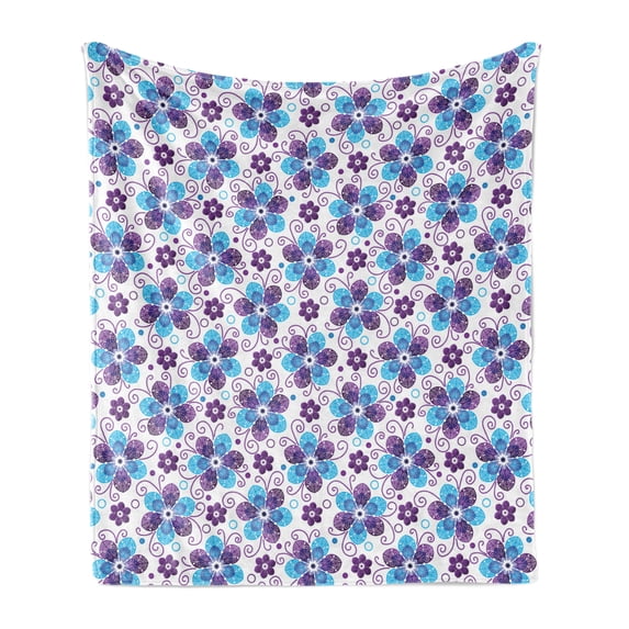 Violet Soft Flannel Fleece Throw Blanket, Folk Ornamental Floral Motley Dotty Flowers Illustration on Plain Backdrop, Cozy Plush for Indoor and Outdoor Use, 60" x 80", White Blue Quartz, by Ambesonne