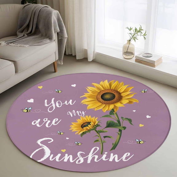 Violet Sunshine Sunflower Round Rug 4ft Washable Circle Entryway Rugs Non Slip Pastoral Bees Farmhouse Floral Area Rug Indoor Floor Carpet for Bedroom Kitchen Living Room Home Office Dining Room