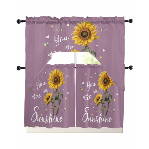 Violet Sunshine Sunflower Swag Kitchen Curtains Sets for Windows 24 Inch Length, Pastoral Bees Farmhouse Floral Short Window Curtain Panels Swags Valances and Tiers 3 Piece Set for Cafe/Dining Room