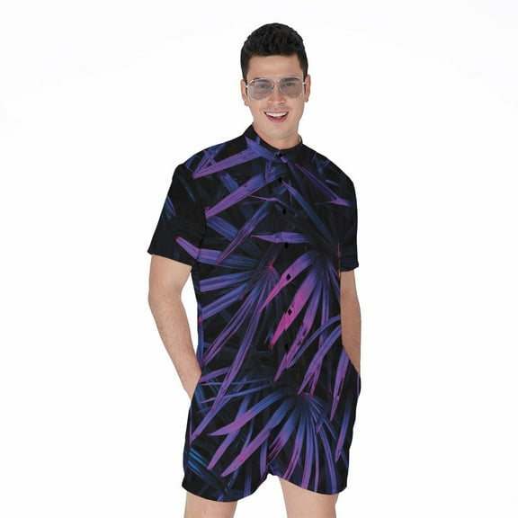 Violet Tropical Leaves Short Sleeve Men'S Rompers, Aloha Hawaiian Tropical Floral Plants Summer Casual Summer Jumpsuits Outfit