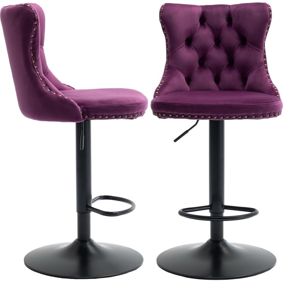 Violet Velvet Bar Stools Set of 2 - Adjustable Swivel Purple Counter Height Chairs with Tufted Back and Nailhead Trim for Kitchen Island (Purple, Matte Metal, 2 Pcs)