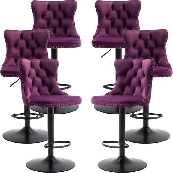 Violet Velvet Bar Stools Set of 6 - Adjustable Swivel Purple Counter Height Chairs with Tufted Back and Nailhead Trim for Kitchen Island (Purple, Matte Metal, 6 Pcs)