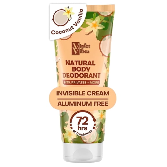 Violet Vibes Whole Body Womens Deodorant, Invisible Cream, Aluminum Free, Coconut Vanilla, 3.4 fl oz Tube