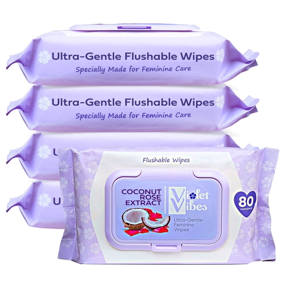 Violet Vibes Flushable Wipes for Women - Coconut Rose, 400 Count, Plant Based, Gentle on Sensitive Skin