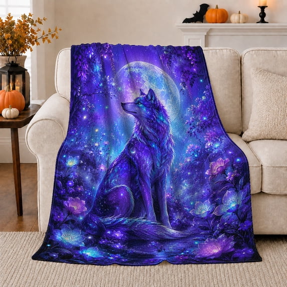 Violet Wolf Beneath a Moon Illustrated Print Soft Flannel Blanket, Dreamy Wildlife Style for Wolf Lovers, Birthday Gift for Cabin and Bedroom, Artistic Home Decor