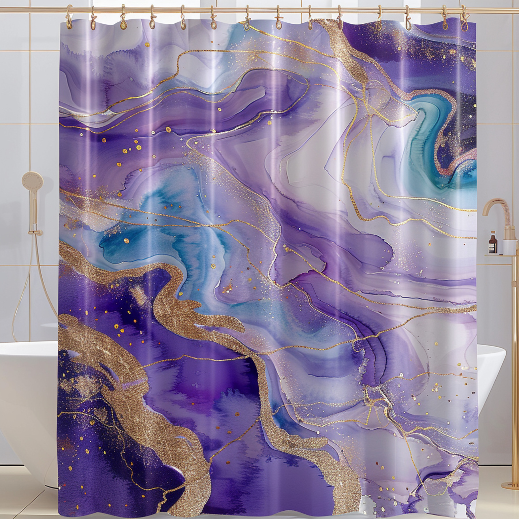 Violet and Blue Marble Stone Shower Curtain with Gold Glitter Hyper
