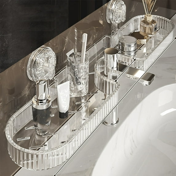 Violete Bathroom Faucet Shelf with Suction Cups, Clear/Gray Plastic, 20in Wall Mounted Storage Rack with Drainage Holes, Strong Load Bearing for Sink and Mirror