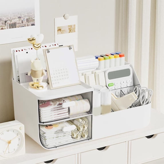 Violete Desktop Drawer Organizer Plastic White/Yellow | Large Capacity Storage Box with Transparent Cover, Easy-Pull Handles | Multi-Use Desk, Office, Home Organization Solution 27.5x17.5x12.5cm