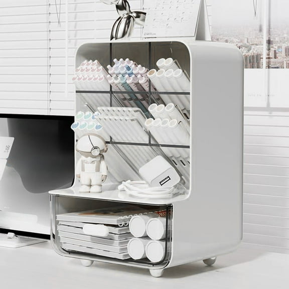 Violete Desktop Storage Rack | Plastic Organizer White Yellow | 7 Partition Slanted Pen Case | Space-Saving Multi-Purpose Stationery Holder | 21.5x14.5x13.5cm Durable Design | Office Cosmetics