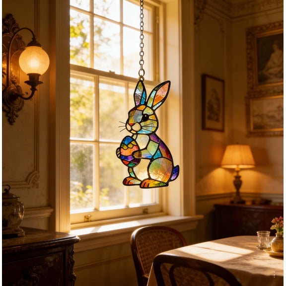 Violete Easter bunny stained acrylic suncatcher window hanging decor, handmade colored panels with colorful light patterns, hanging chain for indoor outdoor home or garden