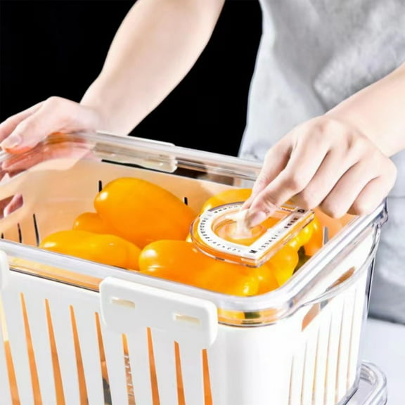 Violete Fridge Organizer Bin with Lid, White Plastic Food Storage Container, Fruit Vegetable Fresh Keeper, 12.5x8.2x5.9in
