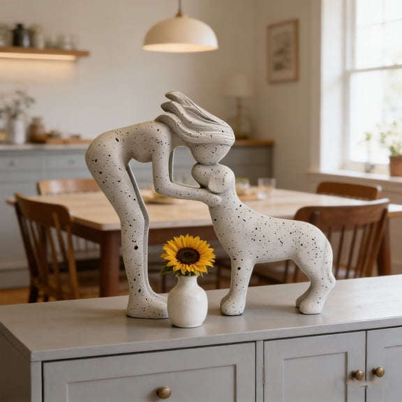 Violete Resin Woman and Dog Statue Home Decor, Black White 6.2 in Memorial Sculpture for Pet Lovers, Hand-Painted Wood-Look Keepsake Gift for Living Room or Office