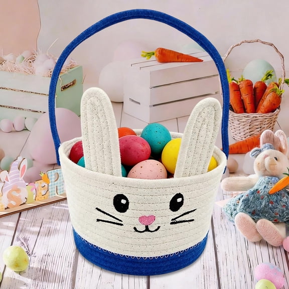Violete Rope Storage Basket | Cotton Material | Gray, Pink, Blue, Dark Gray | 9.06x9.06x7.87in Organizer | Cute Bunny Design | Living Room & Bedroom Snack Holder | Durable Handle for Easy Carrying |