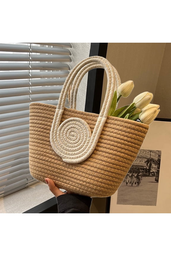 Rope Woven Handbag Large Capacity Tote Bag, Khaki and White Shoulder Beach Bag, Casual Versatile Splicing Color Purse with Portable Handle, 32 x 20 x 10 cm