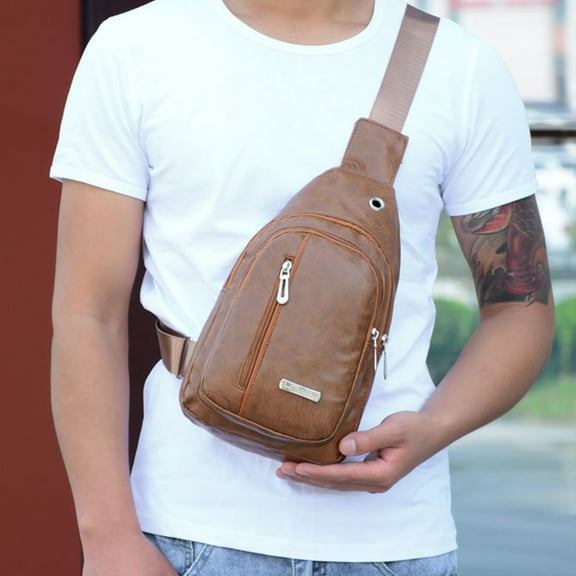 Violete Sling Bag Crossbody Shoulder Backpack Polyurethane Leather Black Khaki Brown 30x17x5cm Adjustable Strap Earphone Hole Outdoor Hiking Camping Daypack