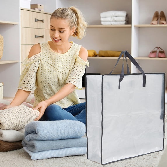 Violete Storage Bag With Handles White Waterproof Fabric | Large 26x26x8.7 in Plastic Organizer | Transparent Zippered Clothes, Linen, Blanket Storage Solution | Foldable, Reusable, Easy-View Design