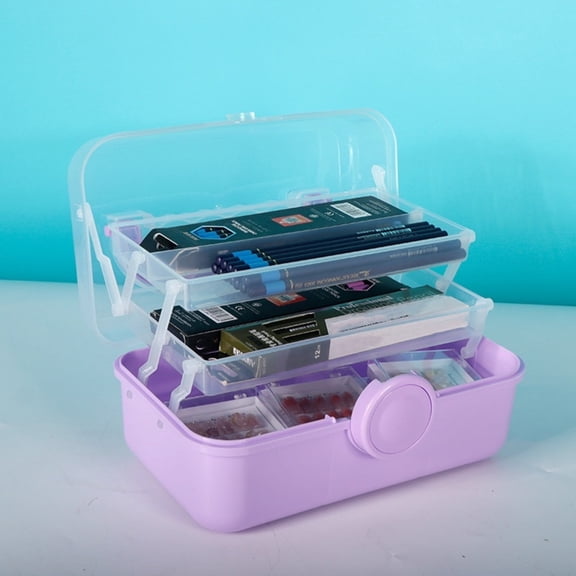 Violete Three-Layer Folding Storage Box | Portable Toolbox & Cosmetic Organizer with Lock, Transparent Design, 27x16x13cm