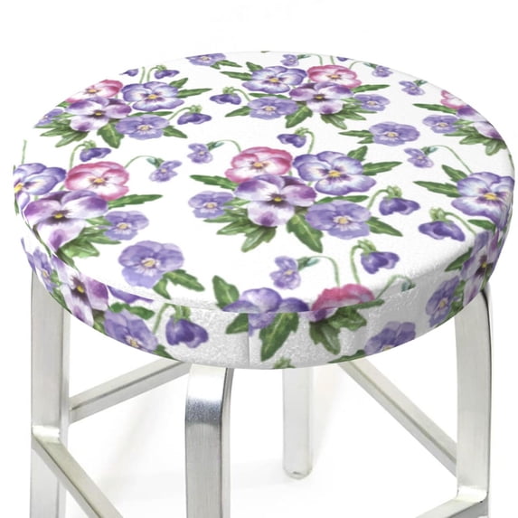 Violets Flowers Purple Pink Round Bar Stool Seat Covers, Elastic Round Chair Cover Stool Seat Slipcover Bar Stool Cushions Round Pad for 12-14 inch