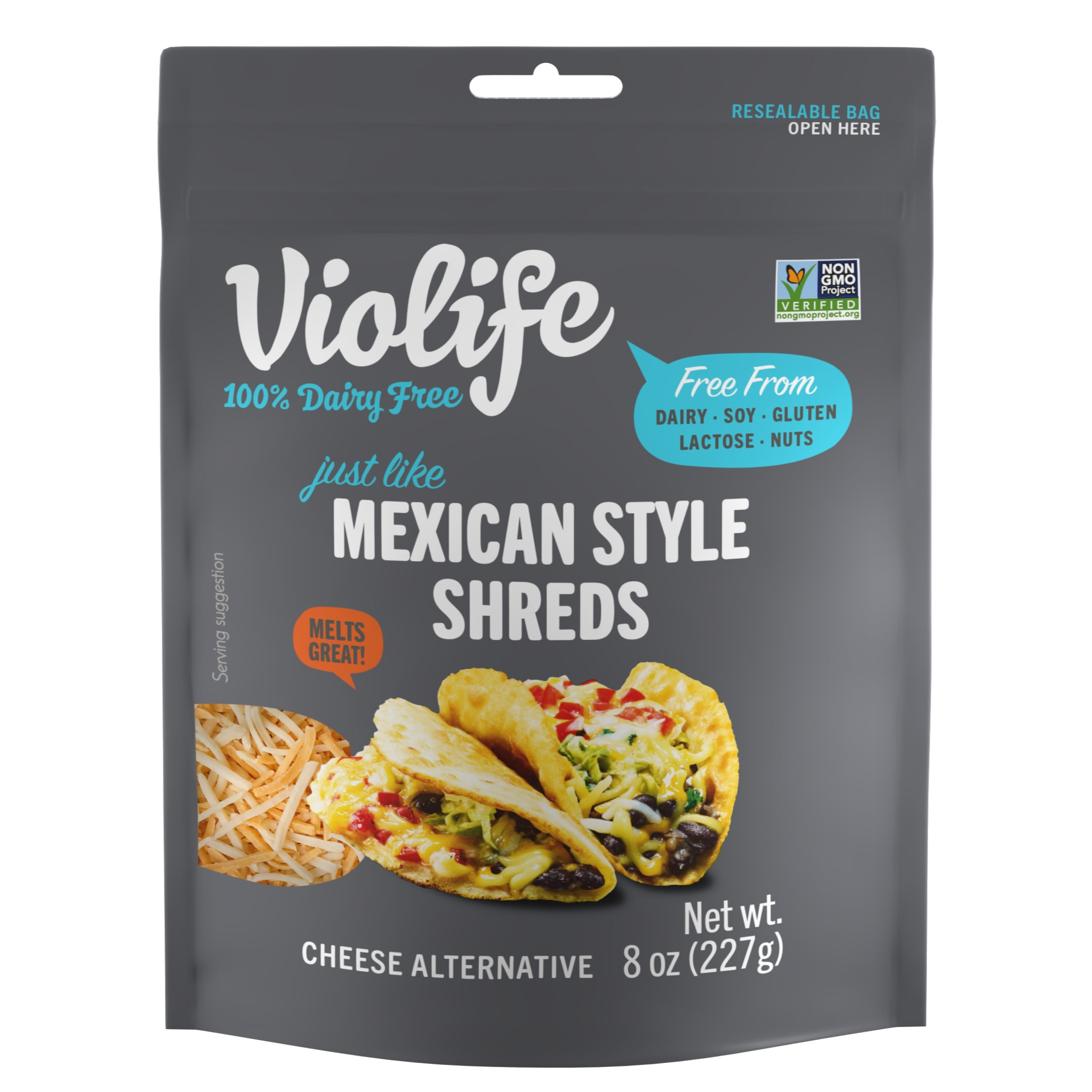 Violife Just like Mexican Style Shreds Shredded Cheese, Dairy Free Vegan, 8 oz Plastic Pack
