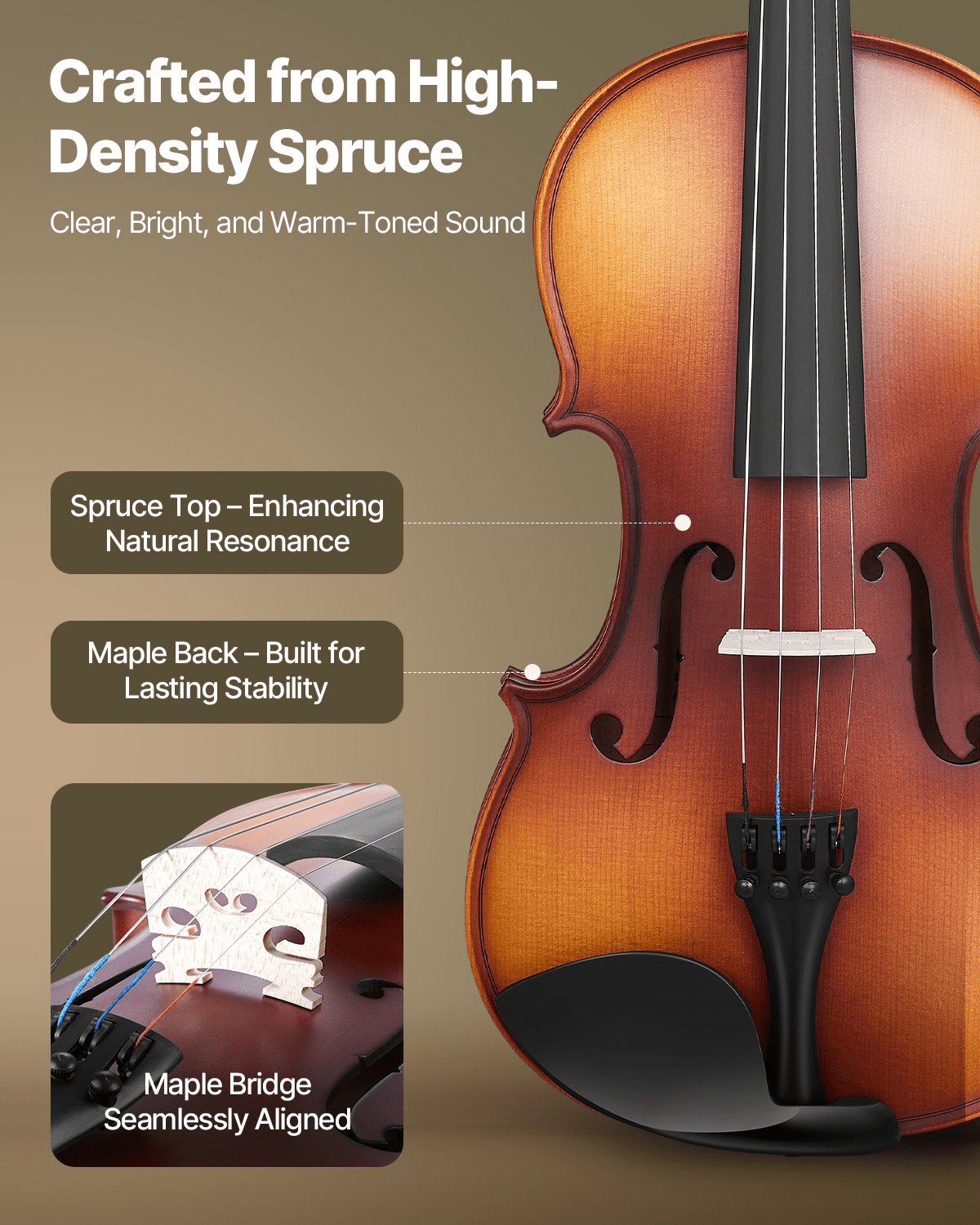 Violin 4/4 Full Size Fiddle Set Solidwood for Beginners Matte Brown