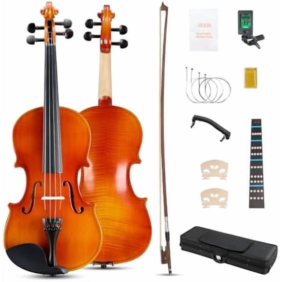 Violin 4/4 Full Size Set Fiddle, Acoustic Violins Complete Kit with Handcrafted Board, Starter Lightweight Hard Case for Beginners, Glossy$$Music